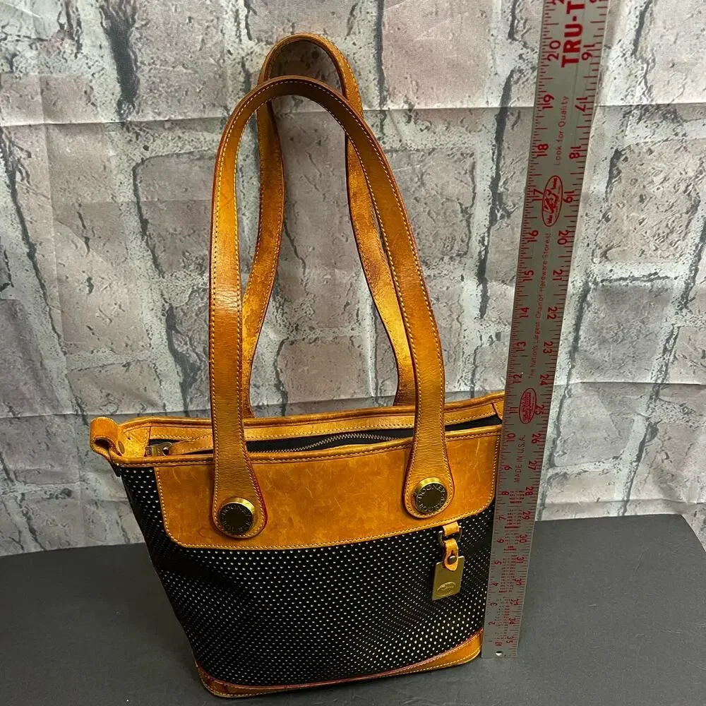 Vintage Dooney & Bourke Bag Vintage Cabrio Perforated Leather Black Tan Tote M - Picture 10 of 16